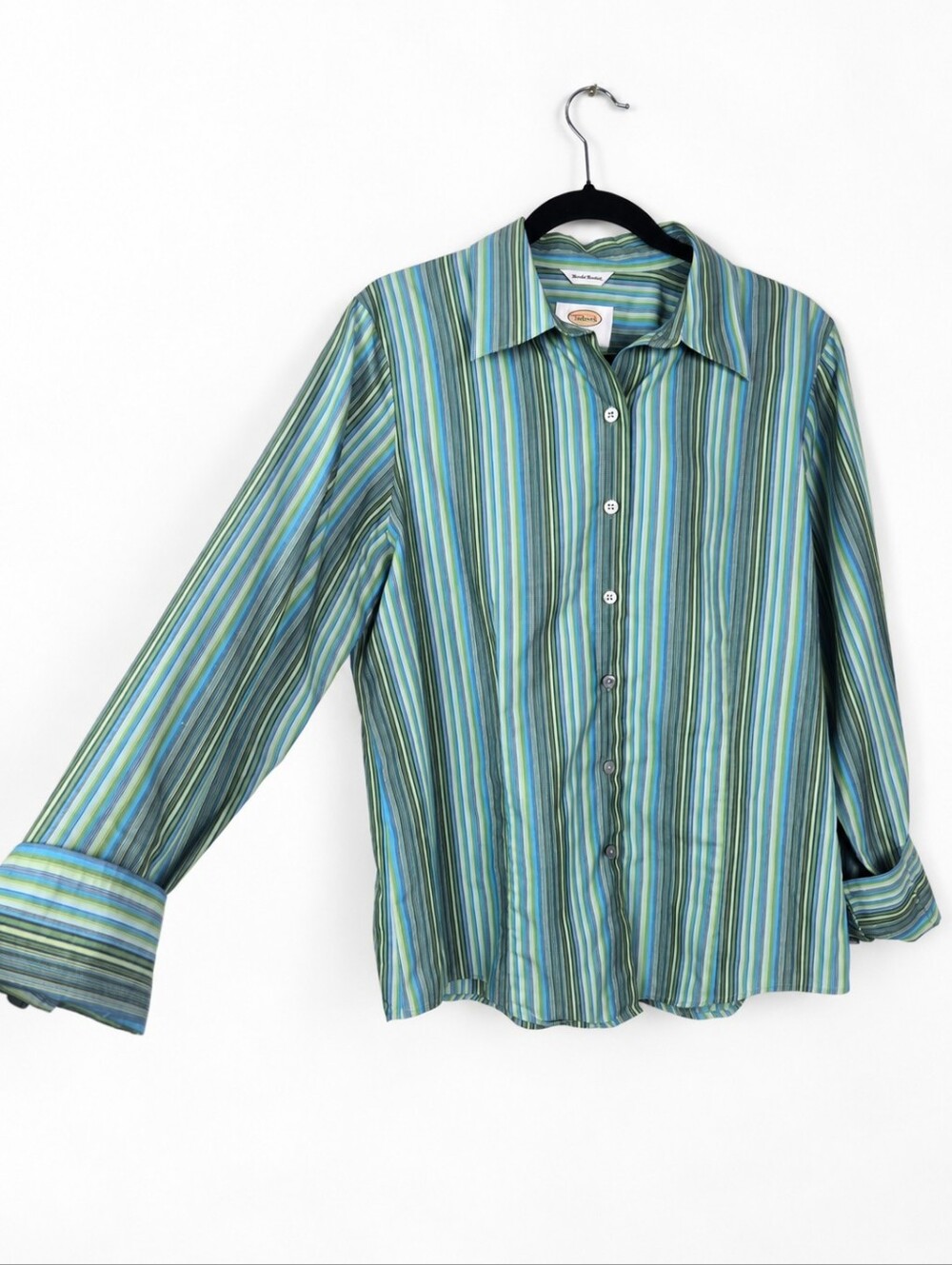 Talbots Size 12 100% Cotton Striped Button Down Shirt Blue Green Classic